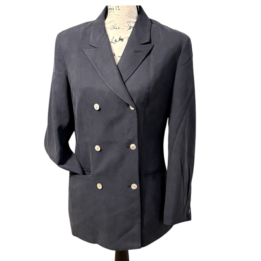 Luxury INC 100% Silk Navy Blue Double Breasted Structured Blazer Jacket Womens 6